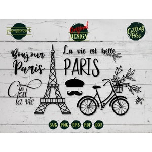 Lot Paris SVG, Tour Eiffel SVG, vélo SVG Bonjour C'est la vie moustache béret Parisien Clipart coupe fichier Cricut/Silhouette Eps Png Dxf