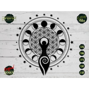 Spiral Goddess SVG, Moon Phases SVG Flower of Life SVG Wicca Pagan Celtic Symbol Witch Wiccan Vector Cut File Cricut/Silhouette Eps Png Dxf image 1