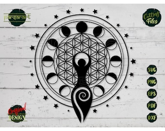 Spiral Goddess SVG, Moon Phases SVG Flower of Life SVG Wicca Pagan Celtic Symbol Witch Wiccan Vector Cut File Cricut/Silhouette Eps Png Dxf