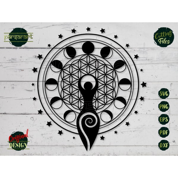 Diosa espiral SVG, Fases de la luna SVG Flor de la vida SVG Wicca Pagan Celtic Símbolo Bruja Wiccan Vector Cut File Cricut/Silhouette Eps Png Dxf