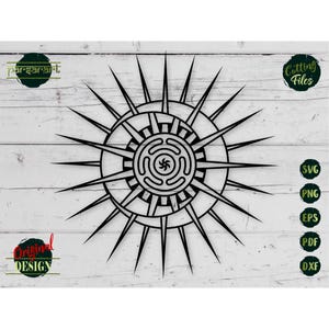 May include: Black, stylized sunburst design with sharp, pointed rays. The design features a central spiral pattern within a circular frame. The image includes the text "Original Design" and "Cutting Files".