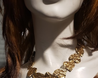 Rare Vintage Yves Saint Laurent YSL Heart Nugget Gold Metal Bib Necklace