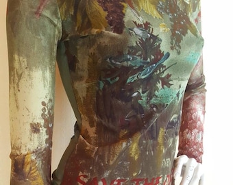 Magnificent Save The Queen top in transparent tattoo mesh with vintage floral print Size S M