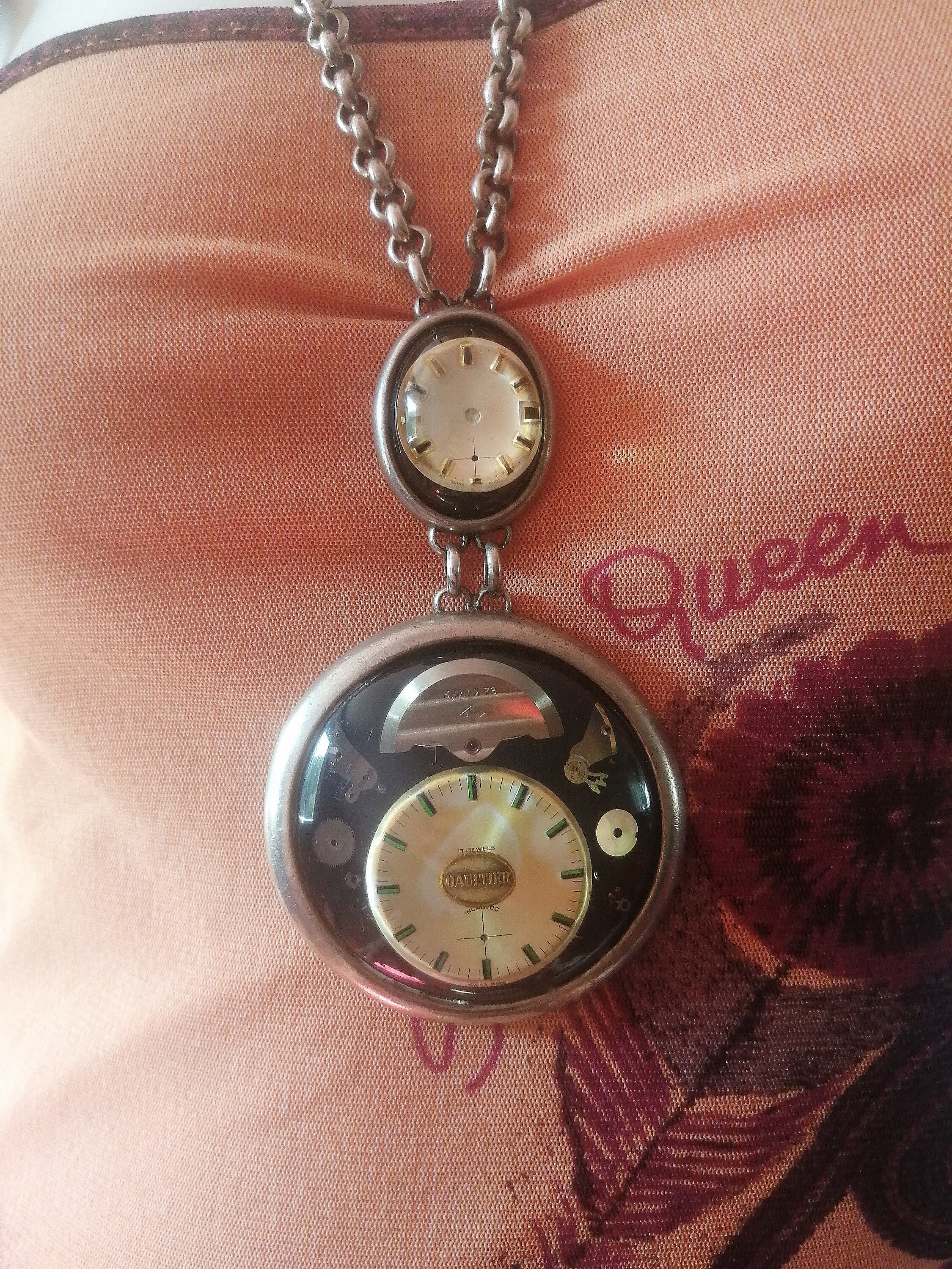 Jean Paul Gaultier necklace in silver metal pocket watch and its ring