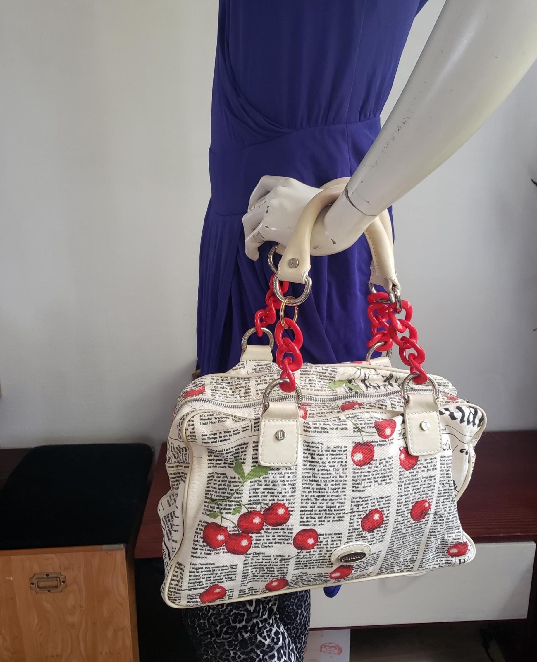 John Galliano White/cherry Red Vintage Leather and Canvas Handbag