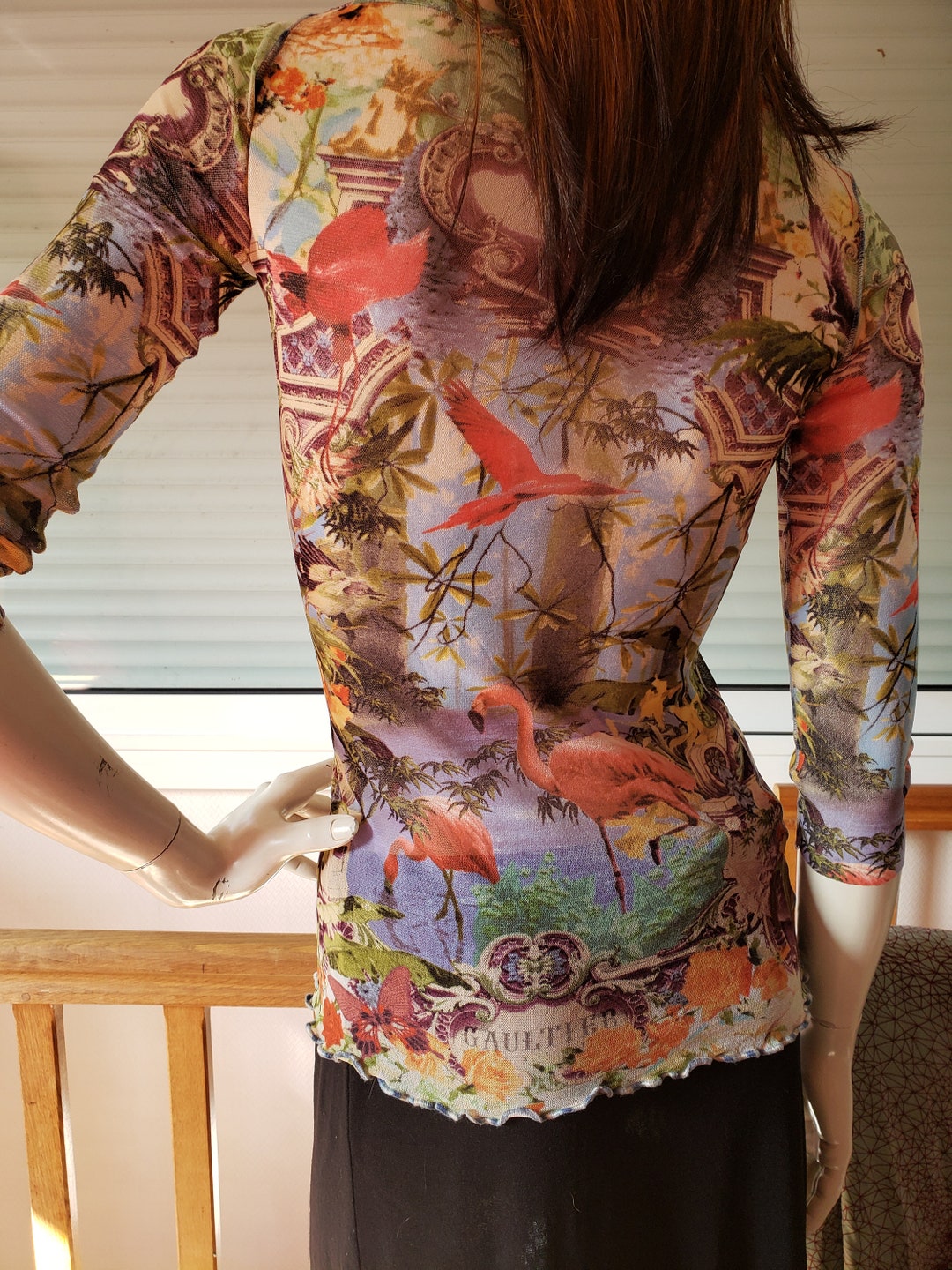 Top Jean Paul Gaultier Mesh Tattoo Floral Print Flamingo Top Jean Paul Gaultier Mesh Tattoo Floral Print Flamingo