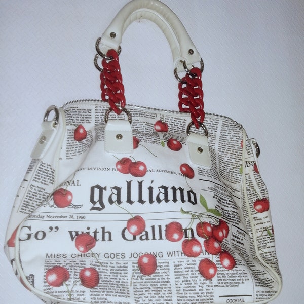 Sac à main John Galliano en cuir et toile blanc/cerise rouge vintage