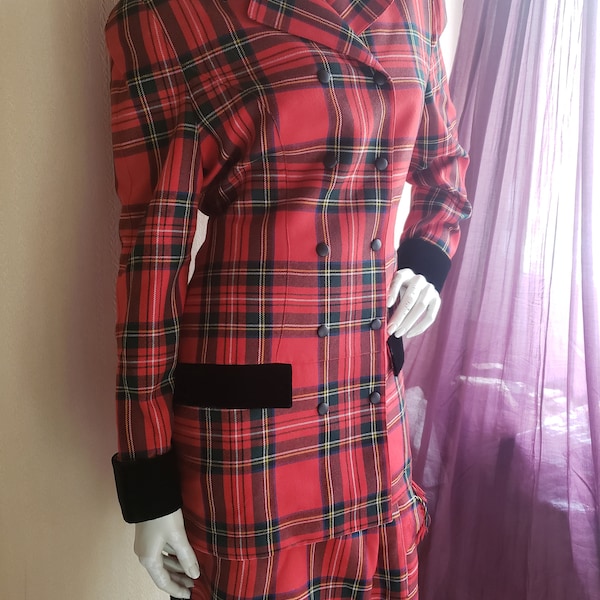 Veste jupe tailleur Thierry Mugler Vintage ecossais tartan taille S