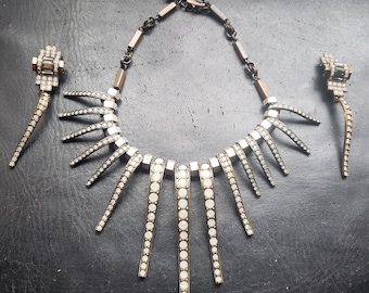 Rare Jean Paul Gaultier necklace and earrings set in silver metal and crystal rhinestones