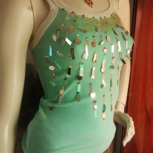 Christian Dior John Galliano green sequins tank top t-shirt size S vintage