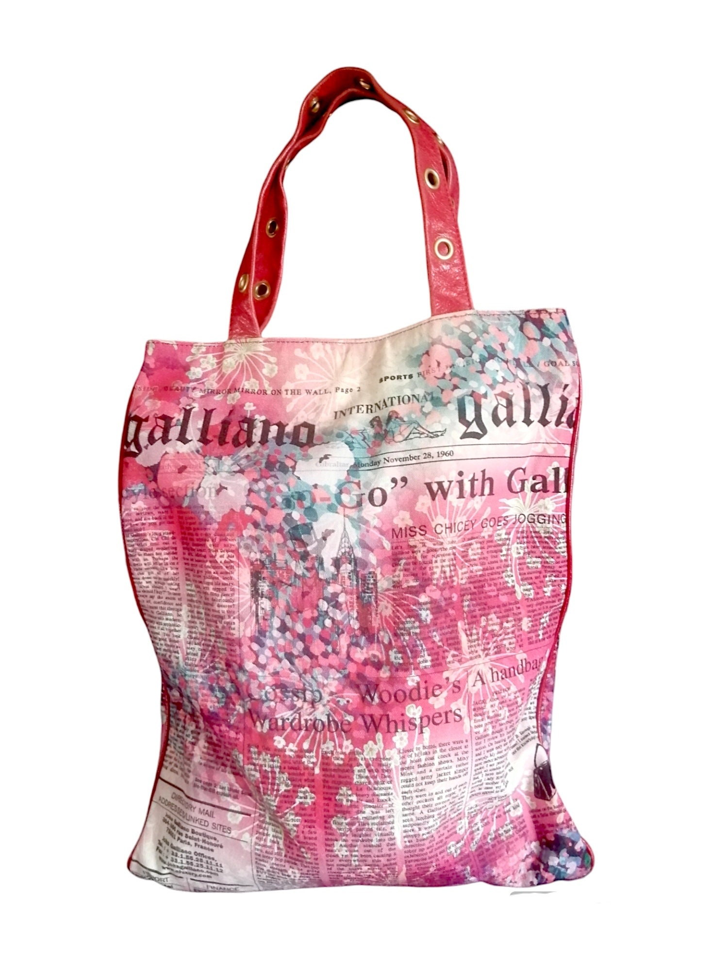 John Galliano handbag in vintage red Gazette newspaper print leather and canvas