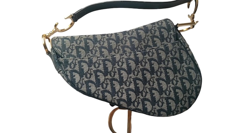 May include: A blue and gray saddle bag with a repeating pattern. The bag has a curved shape, a top handle, and a shoulder strap. The hardware is gold-colored.