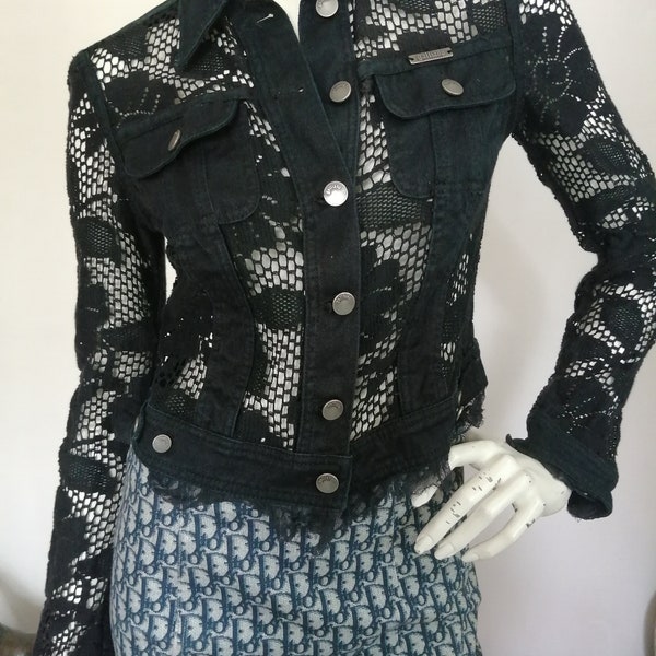 Veste en jeans noir dentelle  vintage by John Galliano taille S