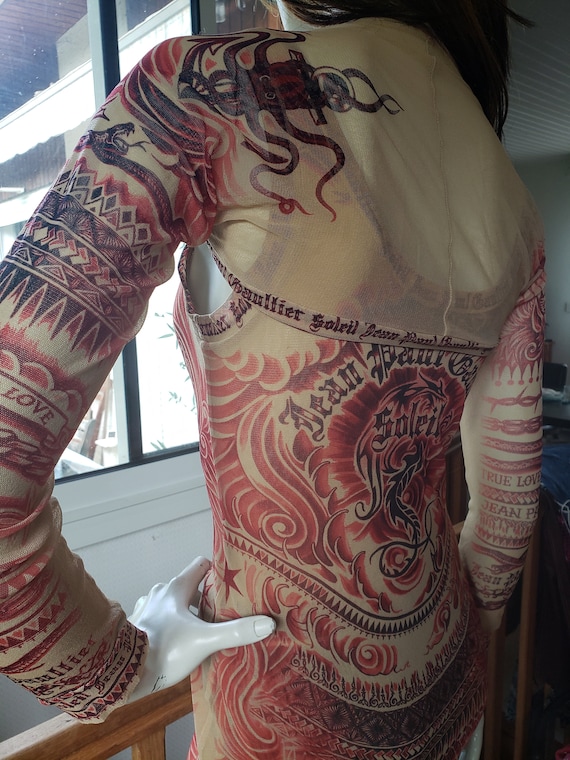 Vintage Jean Paul Gaultier Dragon Print Mesh Tattoo Dress and