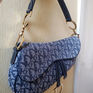 May include: A blue and white saddle bag with a repeating pattern. The bag has a curved shape, a top handle, and gold-colored hardware. The bag is made of a patterned fabric and has a leather strap.