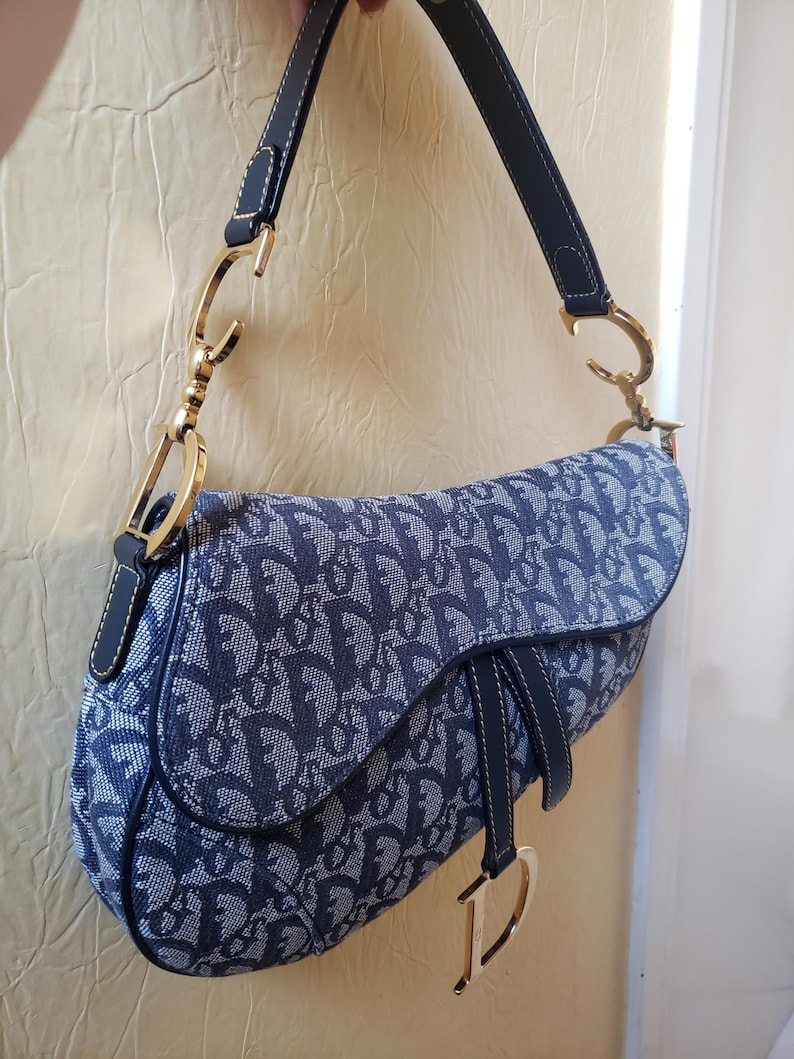 May include: A blue and white saddle bag with a repeating pattern. The bag has a curved shape, a top handle, and gold-colored hardware. The bag is made of a patterned fabric and has a leather strap.