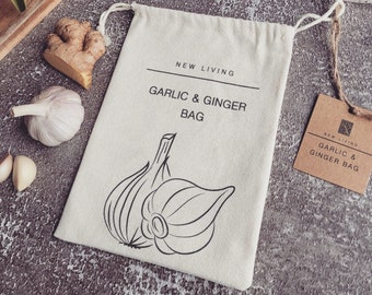 Garlic and Ginger Bag, Organic Linen Cotton Material, Eco Product by New Living, Food Storage Bag, Size 14 x 19 cm