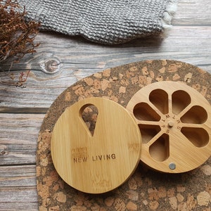 Bamboo Pill Box, Eco Pill Organiser, 11x11x3cm 7 Day Pill Box, Tablet Container, Eco Product, Revolving Magnetic Top, 7 Day Pill Box