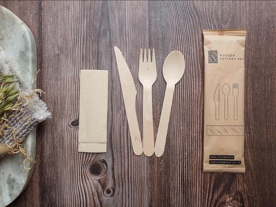 Set di 100 forchette + 100 coltelli usa e getta in legno, posate usa e getta, ideali per picnic ed eventi