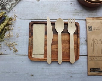 Wooden Disposable Cutlery Sets, 16cm Knife, Fork, Spoon & Tissue Set, Individually Wrapped, 16cm, FSC Certified Wood