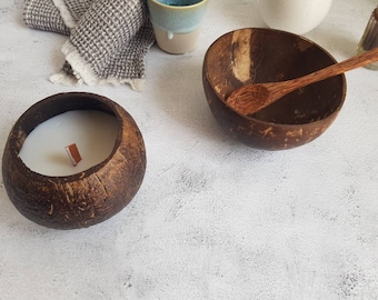 Coconut Soy Wax Candle with Coconut Bowl & Spoon, Luxurious Eco Gift Set, Lavender, Jasmine or Mixed Berry, Coconut Shell With Wooden Wick