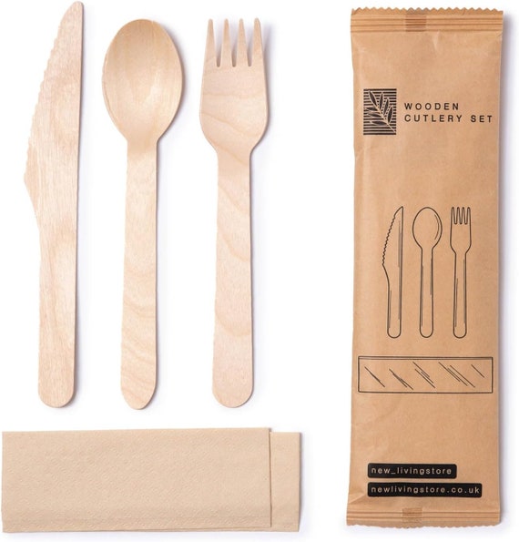 Set di 100 forchette + 100 coltelli usa e getta in legno, posate usa e getta, ideali per picnic ed eventi