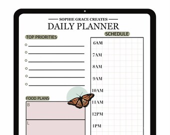 May include: A digital daily planner with a black frame and a white background. The planner has sections for top priorities, food plans, and notes. There are butterflies on the planner, one orange and one purple.