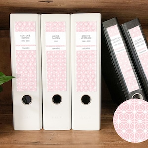 Etiketten voor mapruginsteek | breed en smal | Rosé, roze | Sterren, diamanten | PDF voor zelfprinten | Maplabels