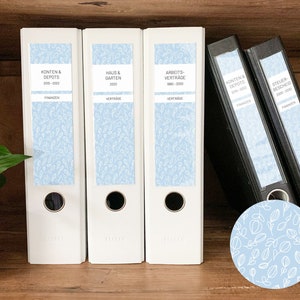 Etiketten voor mapruginsteek | breed en smal | Bloesems, bloemen, knoppen | Lichtblauw | PDF voor zelfprinten | Maplabels