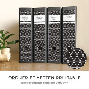 Zelfklevende maplabels | map rug zelfklevende etiketten | Etiket | teken | plakker | afdruk sjabloon | Patroon: Driehoeken | zwart