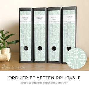 Zelfklevende maplabels | map rug zelfklevende etiketten | Etiket | teken | plakker | afdruk sjabloon | Patroon: ranken | munt, pistache