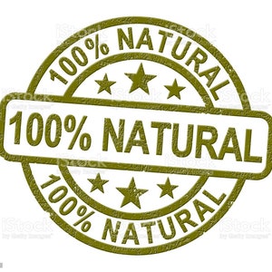 May include: A green rubber stamp with the text "100% NATURAL" in a circle and a rectangle. The stamp has a distressed, worn look.