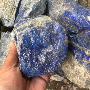 May include: A pile of raw lapis lazuli stones. The stones are a deep blue with white and grey streaks. The rough texture and natural variations highlight the mineral's beauty. The stones are shown in a pile.