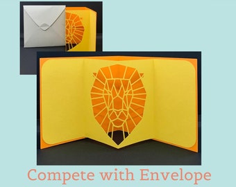 Geometric Lion Pop-Up Card Template, DIY Envelope (Digital Download)