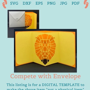 Le modèle de carte Cricut géométrique lion comprend une enveloppe innovante et des panneaux avant avec une petite carte de voeux carrée