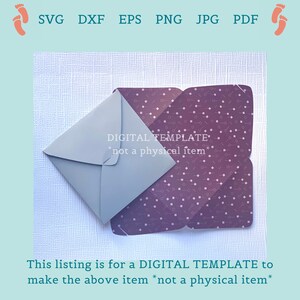 May include: A digital template for a square envelope. The envelope is light blue and sits next to a purple patterned card. The card has a geometric design. Text on the image reads "DIGITAL TEMPLATE *not a physical item*".