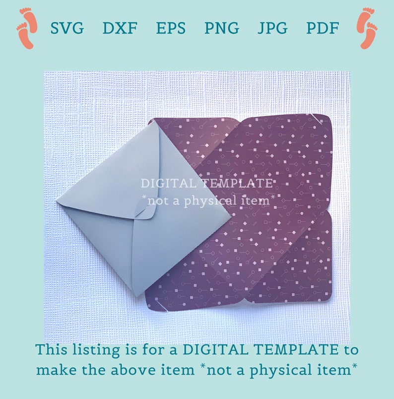 May include: A digital template for a square envelope. The envelope is light blue and sits next to a purple patterned card. The card has a geometric design. Text on the image reads "DIGITAL TEMPLATE *not a physical item*".