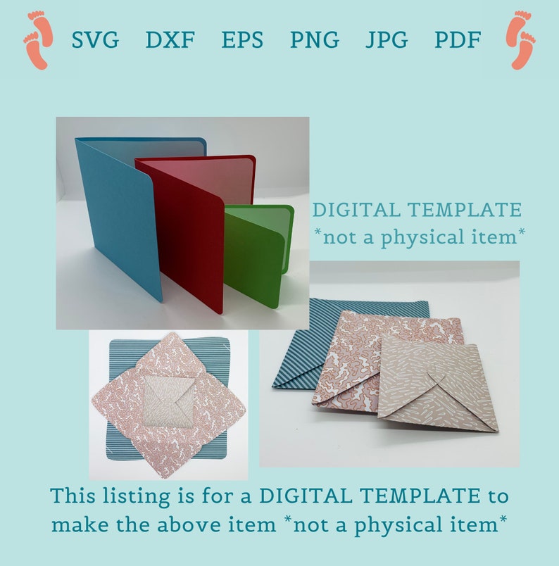 May include: A digital template listing featuring colorful paper crafts. The image shows folded paper in blue, red, and green, along with patterned paper envelopes. Text includes "DIGITAL TEMPLATE" and file type options.