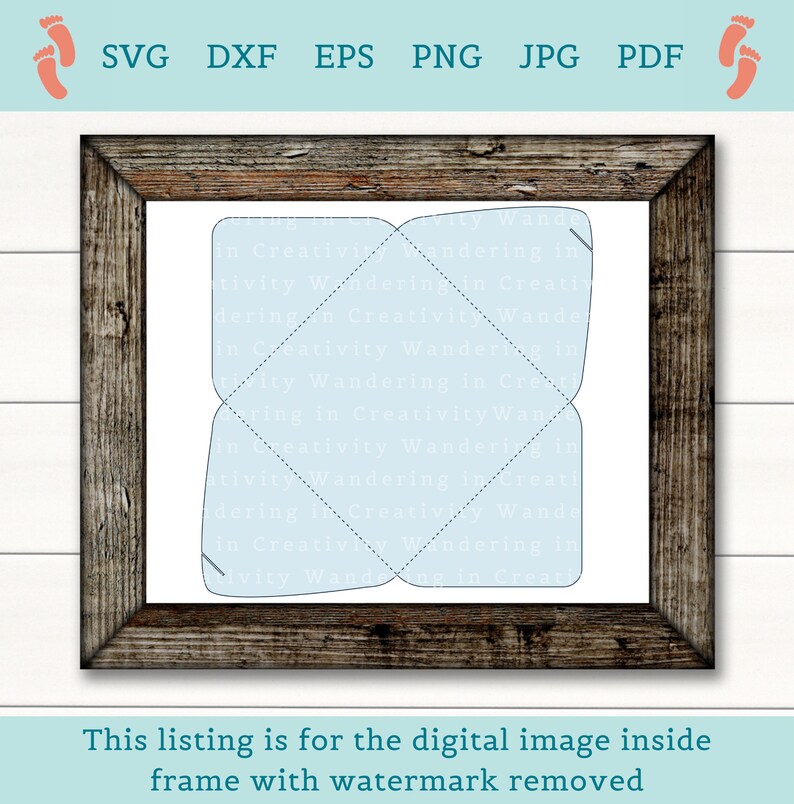 May include: A digital image of a light blue envelope design, framed in a rustic brown wooden frame. The envelope design is on a white background. The image includes the text "SVG, DXF, EPS, PNG, JPG, PDF". The text "This listing is for the digital image inside frame with watermark removed" is also included.