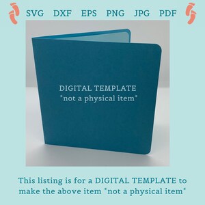 May include: A teal digital template, folded like a card, with the text "DIGITAL TEMPLATE *not a physical item*". The image includes file type icons: SVG, DXF, EPS, PNG, JPG, and PDF. The listing is for a digital template.
