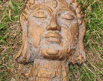 Latexform Großer verwitterter Buddha-Kopf, Plaqueform, handgebürstete Gießform für Gips oder Beton Haus oder Gartenwand
