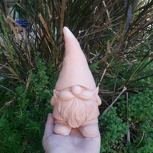 May include: A terracotta garden gnome figurine with a pointed hat, a long white beard, and a whimsical expression.