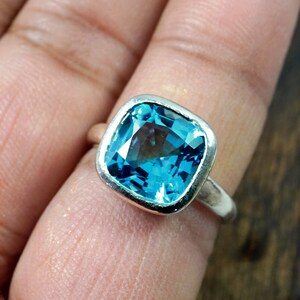925 solid sterling silver ring. London Blue topaz Ring. Blue topaz sterling silver ring. London BT cushion silver ring.Gift for her.