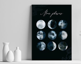 Fases lunares acuarela arte impresión A4, ciclo lunar negro, menguante, luna llena, luna nueva, luna creciente, arte de la pared, arte de la pared del dormitorio