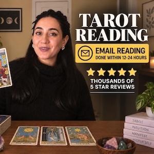 May include: A person holding a Ten of Pentacles tarot card with other cards laid out on a wooden table. Text reads TAROT READING, EMAIL READING DONE WITHIN 12-24 HOURS, and THOUSANDS OF 5 STAR REVIEWS. A candle, crystals, and books are present.