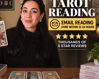May include: A person holding a Ten of Pentacles tarot card with other cards laid out on a wooden table. Text reads TAROT READING, EMAIL READING DONE WITHIN 12-24 HOURS, and THOUSANDS OF 5 STAR REVIEWS. A candle, crystals, and books are present.