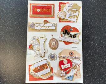 Liefdesstickers Romantische 3D zelfklevende stickers liefdesbrieven, hart, sleutels voor scrapbooking, journalling, knutselen, doe-het-zelf 12 x 18,5 cm per vel