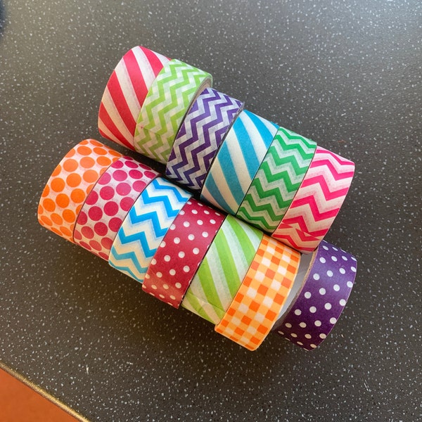 13 Washi Tape Rolls Colourful Pattern Rolls for Journalling, Bujo, Scrapbooking, crafting, planning and decoration Dots, Chevron, zig zag