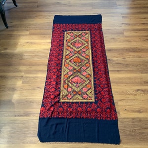 Hand Embroidered Floral Pashmina Shawl Scarf Navy Blue and Red Floral Flower Embroidery Design Warm Soft 100% Wool Blend Fabric