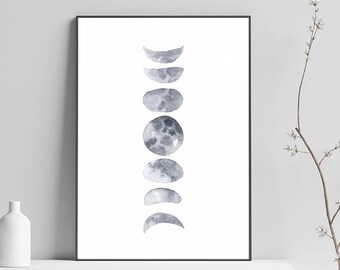 Fases lunares acuarela arte impresión A4, ciclo lunar gris, menguante, luna llena, luna nueva, luna creciente, arte de la pared, arte de la pared del dormitorio
